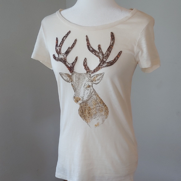 J. Crew Cream Beaded Deer Graphic Cotton T-Shirt in Women's Small - Picture 1 of 16